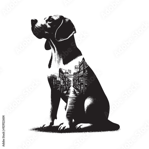 silhouette of Beagle, filled with ghetto street in rough drawing,