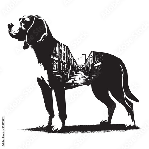 silhouette of Beagle, filled with ghetto street in rough drawing,