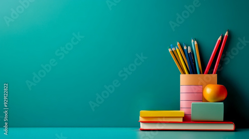 Vibrant workspace with colorful pencils, notebooks, and an apple, perfect for educational or creative projects. photo