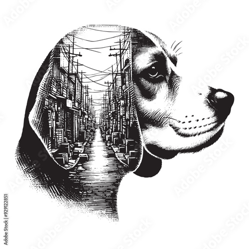 silhouette of Beagle, filled with ghetto street in rough drawing,