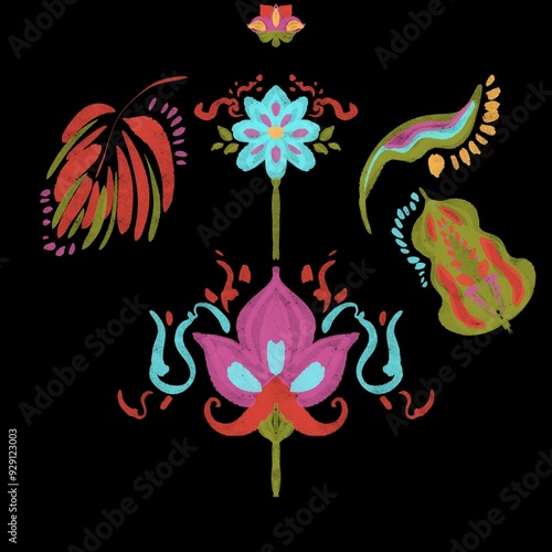 Set of tropical elements hand drawn illustration leaves, palm, flower, strawberry, ethnic, paisley, foliage embroidery. 