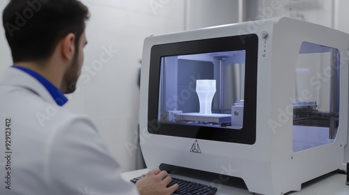 A scientist monitors a 3D printer creating a detailed object in a high-tech lab