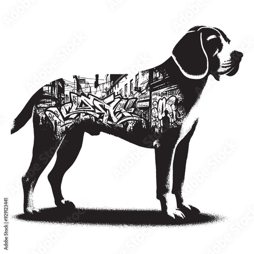 silhouette of Beagle, filled with graffiti street wall in rough drawing,