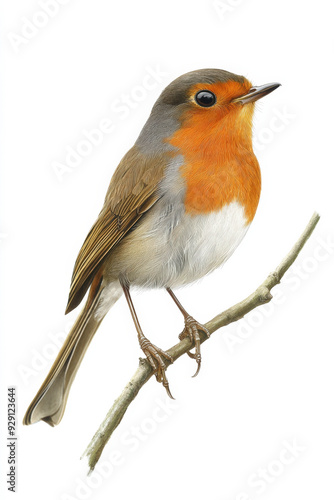 Detailed illustration of a european robin with bright orange breast feathers perched on a tree branch