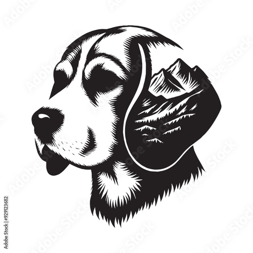 silhouette of Beagle, filled with mountain and nature view in rough drawing,