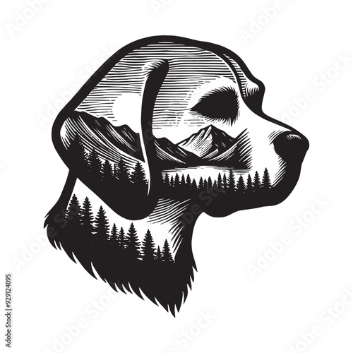 silhouette of Beagle, filled with mountain and nature view in rough drawing,