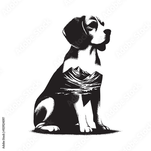 silhouette of Beagle, filled with mountain and nature view in rough drawing,