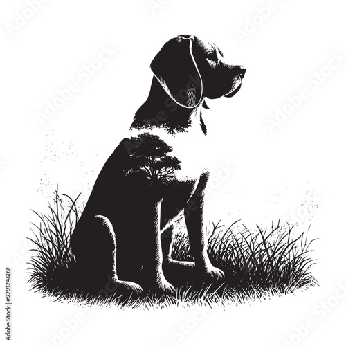 silhouette of Beagle, filled with nature view in rough drawing,