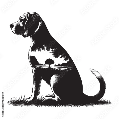 silhouette of Beagle, filled with nature view in rough drawing,
