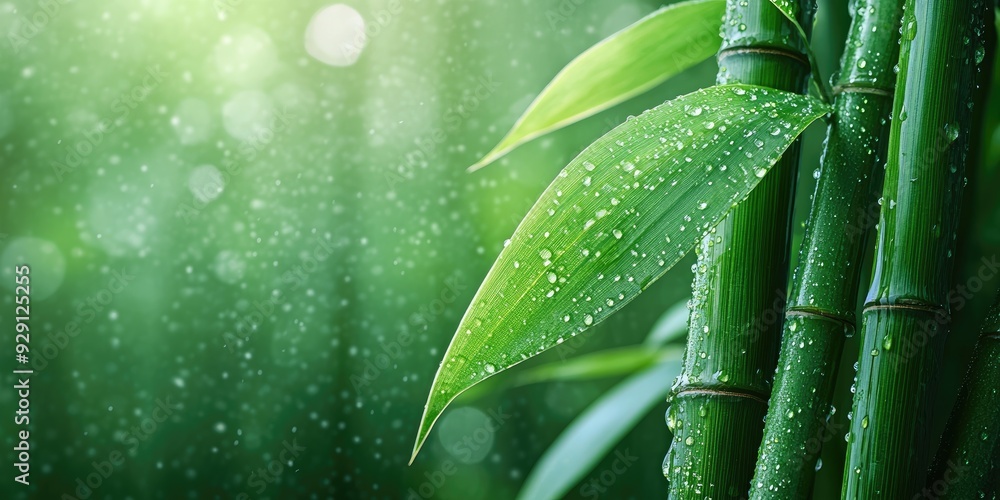 Obraz premium Dew-Covered Bamboo Stalks and Leaf Close-Up