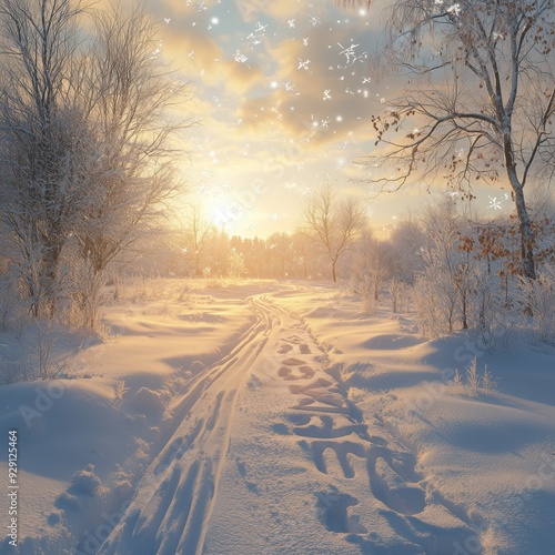 Serene winter landscape with fresh snow and a path leading into the sunset through a snowy forest