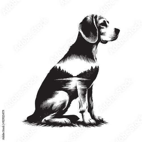 silhouette of Beagle, filled with river view in rough drawing,