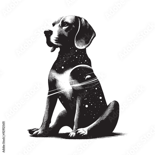 silhouette of Beagle, filled with space and sci-fi element in rough drawing,