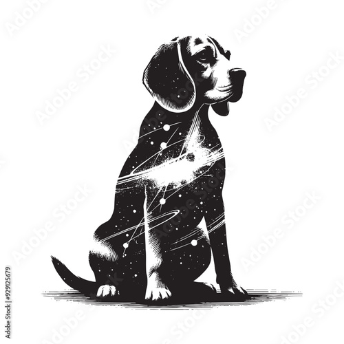 silhouette of Beagle, filled with space and sci-fi element in rough drawing,