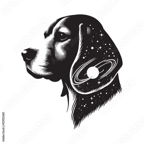 silhouette of Beagle, filled with space and sci-fi element in rough drawing,