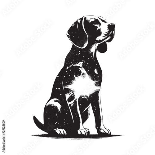 silhouette of Beagle, filled with space and sci-fi element in rough drawing,