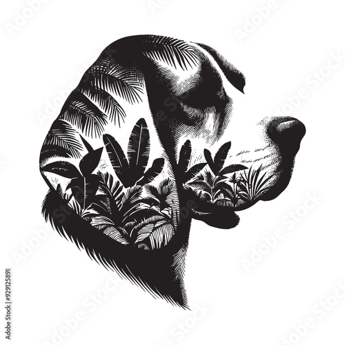 silhouette of Beagle, filled with tropical plant in the jungle in rough drawing,