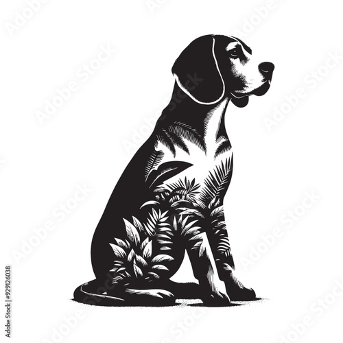 silhouette of Beagle, filled with tropical plant in the jungle in rough drawing,