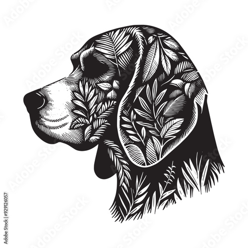 silhouette of Beagle, filled with tropical plant in the jungle in rough drawing,