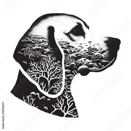 silhouette of Beagle, filled with underwater view with coral in rough drawing,