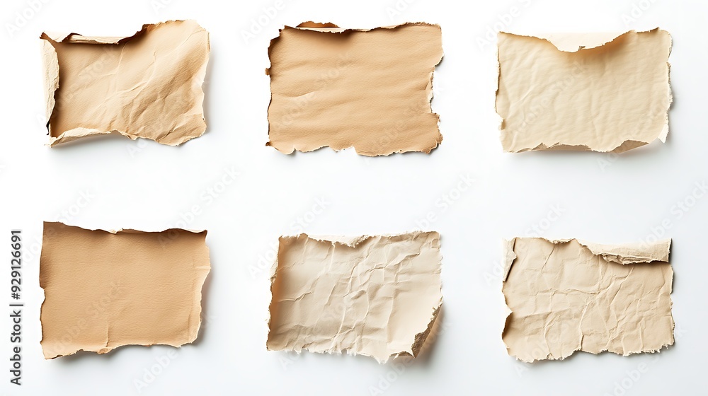 Pieces of torn beige paper on a white background. Pieces of torn beige paper on a white background.