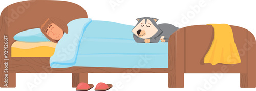 Woman sleep in bed with puppy. Night rest