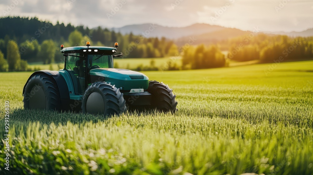 A tractor efficiently cultivates a lush green field as the sun sets in the background A tractor efficiently cultivates a lush green field as the sun sets in the background