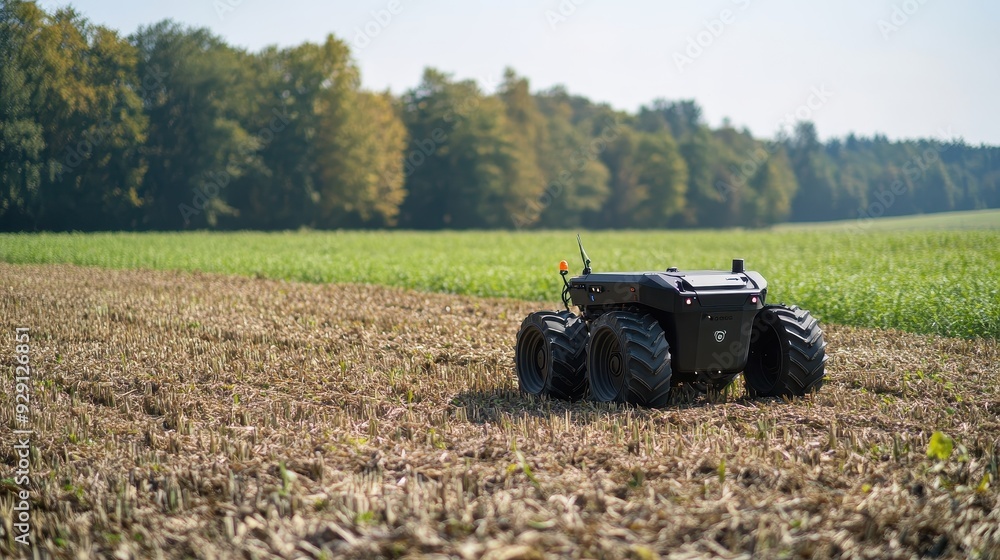 A robotic vehicle is tilling a harvested field under clear skies on an autumn day A robotic vehicle is tilling a harvested field under clear skies on an autumn day