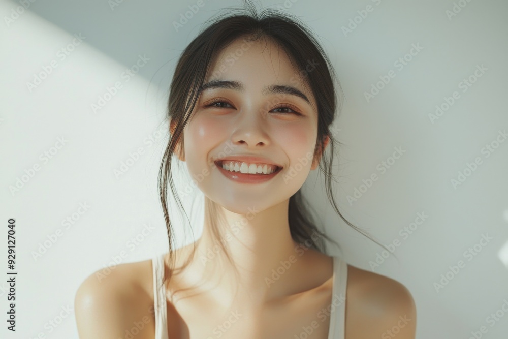 Beautiful young Asian woman smiling and happy created with Generative AI Beautiful young Asian woman smiling and happy created with Generative AI