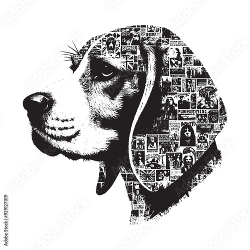 silhouette of Beagle, filled with vintage punk's poster collage wall in rough drawing,