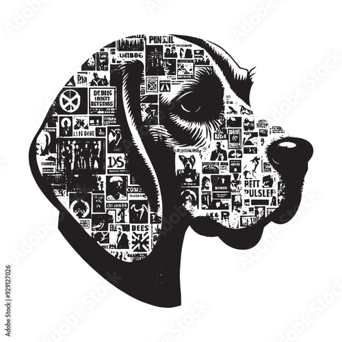 silhouette of Beagle, filled with vintage punk's poster collage wall in rough drawing,
