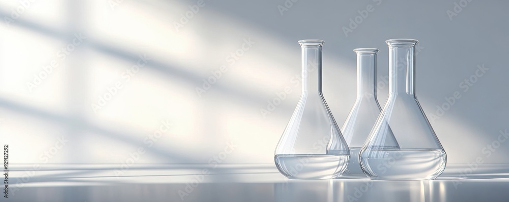 Chemical flasks on a solid grey background with soft lighting Chemical flasks on a solid grey background with soft lighting