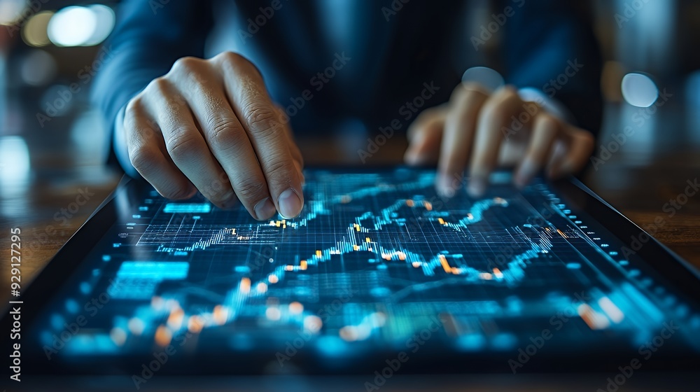 A close-up of hands interacting with a digital tablet displaying financial data and charts. A close-up of hands interacting with a digital tablet displaying financial data and charts.