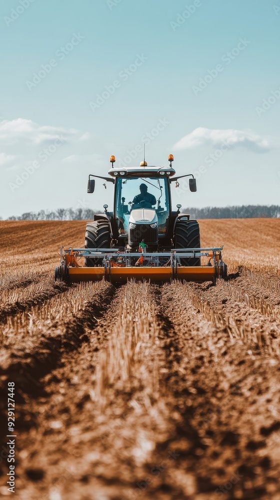 Fototapeta premium A tractor cultivates the soil on a bright and clear day in a wide-open field