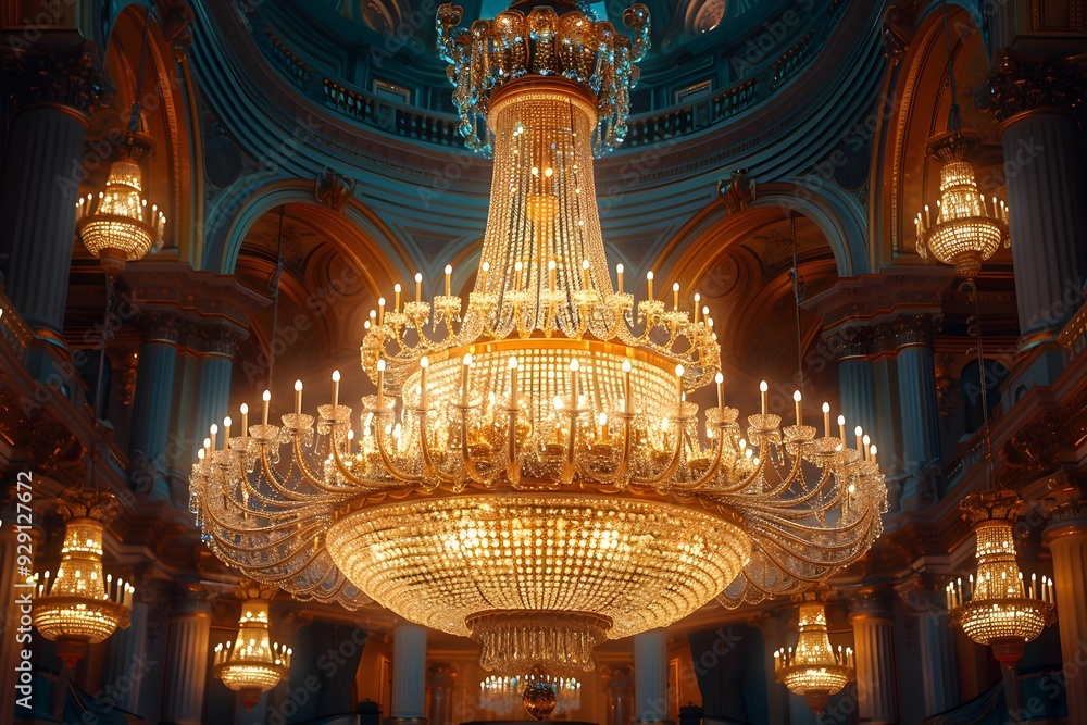 Obraz premium Opulent Chandelier Illuminates Lavish Ballroom with Refined Sophistication