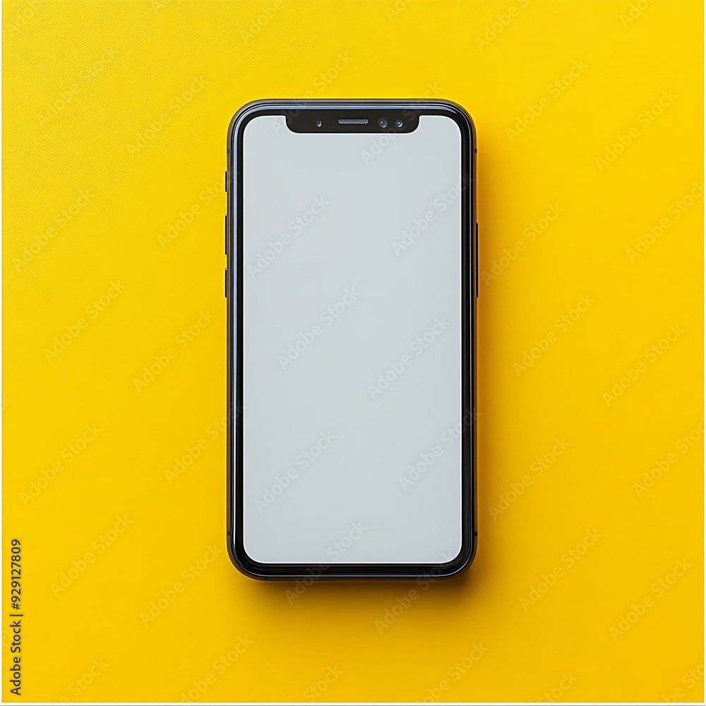 A modern smartphone with a sleek black frame and a blank white screen is displayed against a vibrant yellow background. The phone is centered and viewed from above, emphasizing its minimalist design A modern smartphone with a sleek black frame and a blank white screen is displayed against a vibrant yellow background. The phone is centered and viewed from above, emphasizing its minimalist design