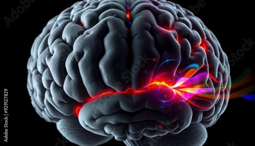 A detailed brain image with one half in muted gray tones and the other half illuminated with vibrant colorful light effects contrasted against a dark black background photo