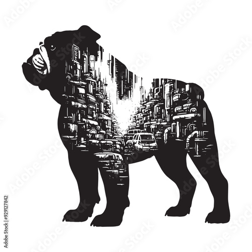 silhouette of Bulldog, filled with destroyed futuristic dystopia environment in rough drawing,