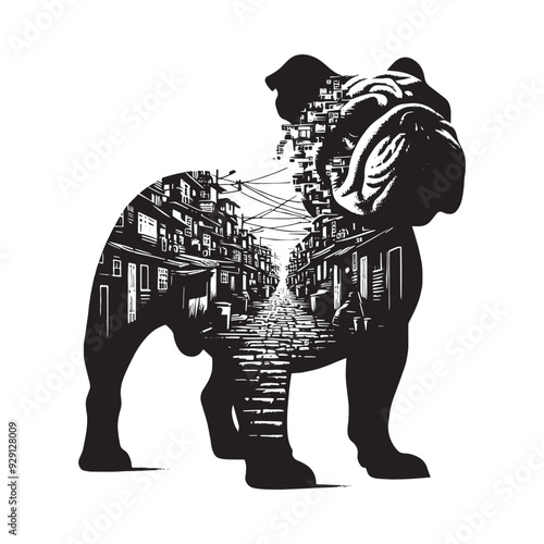 silhouette of Bulldog, filled with ghetto street in rough drawing,