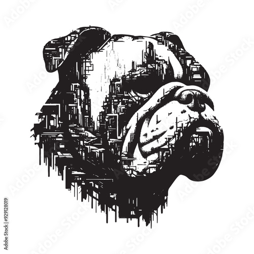 silhouette of Bulldog, filled with destroyed futuristic dystopia environment in rough drawing,
