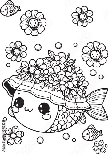 cute fish with rose flower coloring book page