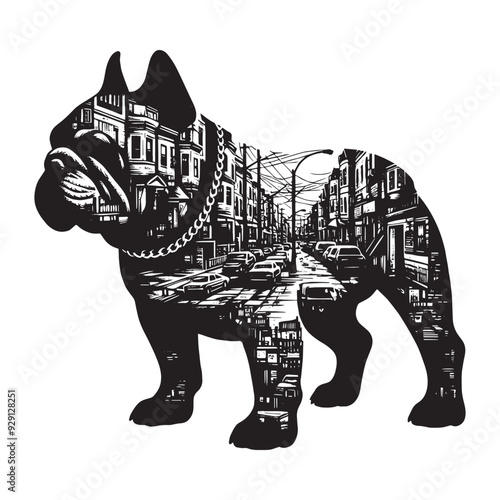 silhouette of Bulldog, filled with ghetto street in rough drawing,