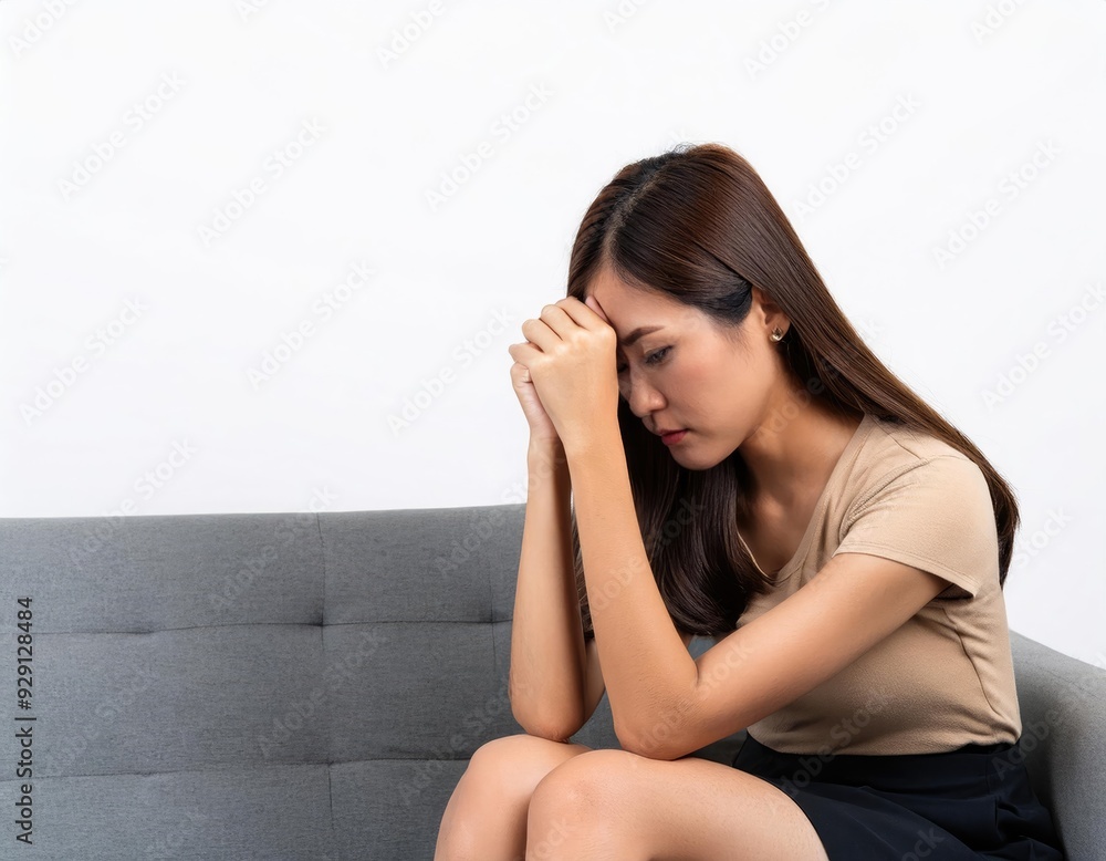 A woman sitting on a couch appears distressed, with her head bowed and hands covering her forehead, showing deep contemplation. A woman sitting on a couch appears distressed, with her head bowed and hands covering her forehead, showing deep contemplation.