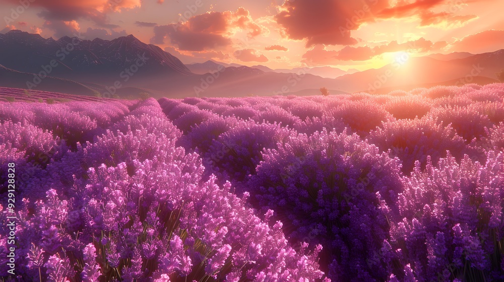 Tranquil Lavender Field Bathed in Sunset's Warm Glow,Picturesque Mountain Landscape Tranquil Lavender Field Bathed in Sunset's Warm Glow,Picturesque Mountain Landscape