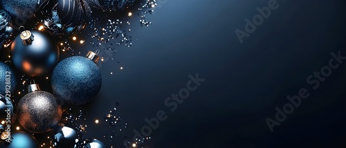 dark christmas background with blue and silver baubles and pine branches