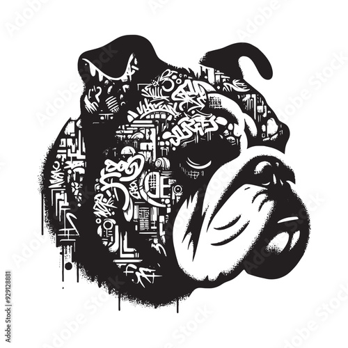 silhouette of Bulldog, filled with graffiti street wall in rough drawing,