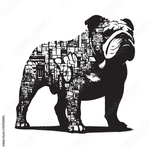 silhouette of Bulldog, filled with graffiti street wall in rough drawing,
