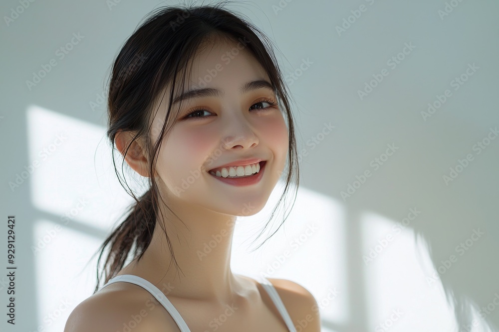 Beautiful young Asian woman smiling and happy created with Generative AI Beautiful young Asian woman smiling and happy created with Generative AI