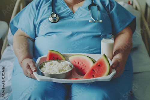 A caregiver presents a nutritious meal of watermelon, rice, and milk in a hospital setting, promoting health and recovery. photo