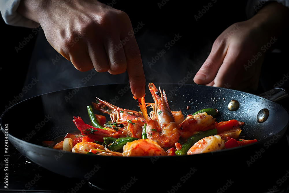 A chef skillfully prepares shrimp and vegetables in a frying pan, showcasing a vibrant and appetizing culinary creation. A chef skillfully prepares shrimp and vegetables in a frying pan, showcasing a vibrant and appetizing culinary creation.
